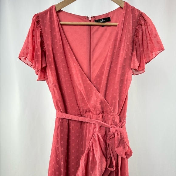 Lulus Have Harmony Swiss Dot Ruffled Faux Wrap Midi Dress in Mauve Size Medium - Picture 6 of 12